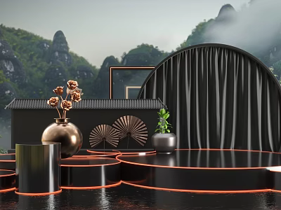 Commercial Display Equipment With Black Tiered Platforms Arched Backdrop And Decorative Elements 3d model