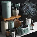 Stylish Kitchenware Collection with Coffee Canister Spoons Wooden Shelf Chopping Board and Toaster
