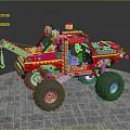 Building Blocks Red Monster Truck with Yellow Stripes Blue Seats Large Tires and Warning Light