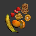 Fresh Assorted Fruits and Snacks Including Banana Strawberries Sliced Orange Corn and Cookies