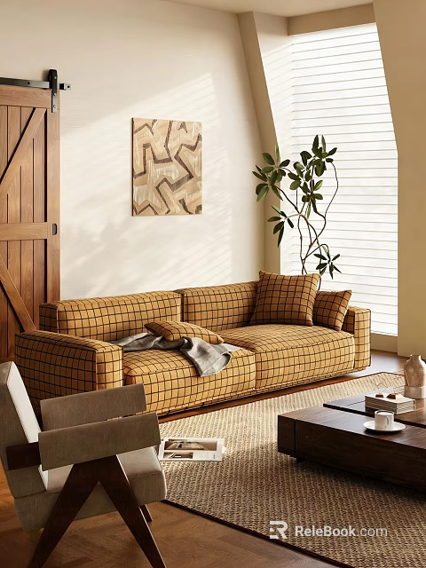 Yellow Checkered Multi Seater Sofa With Pillows Throw Blanket Wooden Door Green Plant 3d model 