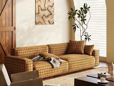 Yellow Checkered Multi Seater Sofa With Pillows Throw Blanket Wooden Door Green Plant 3d model