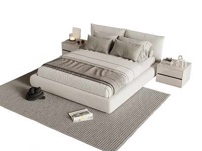 Minimalist Double Bed With White Bedding Gray Pillows Nightstands Table Lamp And Rug 3d model