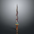 Fantasy Decorative Sword With Curved Colorful Blade And Ornate Gold Red Hilt Design