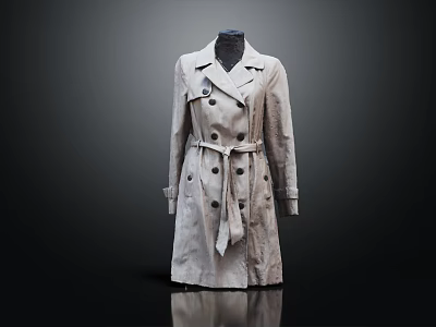 Stylish Light Gray Double Breasted Trench Coat With Waist Belt And Long Length 3d model