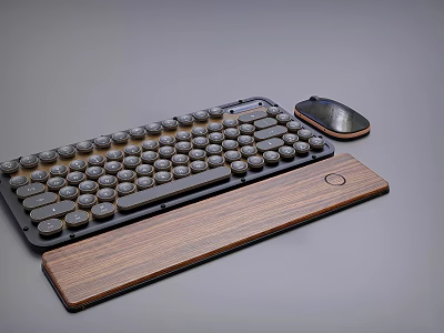 Retro Mechanical Keyboard With Wireless Mouse And Wooden Wrist Rest 3d model