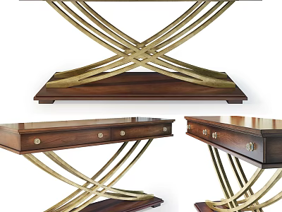 Wooden Desk With Brass Cross Legs And Drawers For Home Office Use 3d model