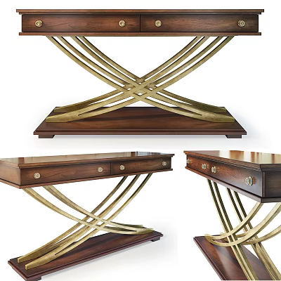 Wooden Desk With Brass Cross Legs And Drawers For Home Office Use 3d model