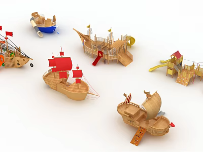 Outdoor Wooden Pirate Ship Playground Equipment with Slides and Colorful Flags 3d model