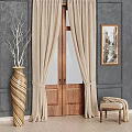 Beige Curtains with Wooden Double Doors Gray Wall Decorative Vase Painting and Small Stool