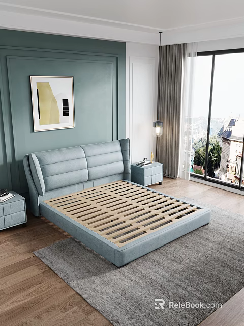 Light Blue Modern Double Bed with Upholstered Headboard Slat Frame Nightstands Artwork and Scenic Window 3d model 