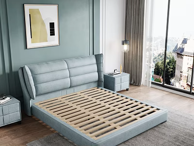 Light Blue Modern Double Bed with Upholstered Headboard Slat Frame Nightstands Artwork and Scenic Window 3d model