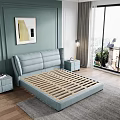 Light Blue Modern Double Bed with Upholstered Headboard Slat Frame Nightstands Artwork and Scenic Window