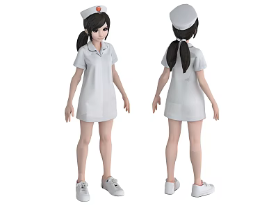 Woman in White Nurse Uniform with Nurse Cap Front and Back Views 3d model