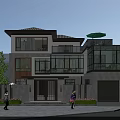 Modern Two Story Detached Villa With Large Glass Windows Balcony Garage And Green Yard