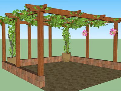 Wooden Pergola With Climbing Vines Pink Flowers And Brick Paved Floor 3d model