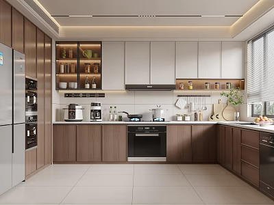 Modern Kitchen Interior With Wooden White Cabinets Stainless Steel Appliances Countertop Near Windows Natural Light 3d model