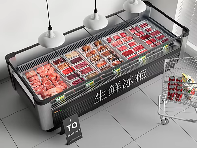 Fresh Food Freezer Displaying Various Meats Seafood in Supermarket with Shopping Cart 3d model