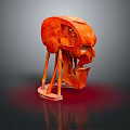 Abstract Creature Like Red Sculpture With Mechanical Head Leg Like Supports And Reflective Base
