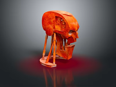 Abstract Creature Like Red Sculpture With Mechanical Head Leg Like Supports And Reflective Base 3d model