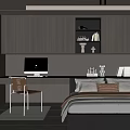 Modern Tatami Bedroom With Dark Wooden Cabinets Desk Computer Bed Pillows And Window Blinds