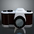 Olympus Retro Style Camera With White Body And Brown Wooden Accents