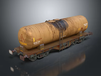 Rusty Oil Tank On Flatbed Rail Car With Warning Signs And Weathered Exterior 3d model