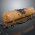 Rusty Oil Tank On Flatbed Rail Car With Warning Signs And Weathered Exterior