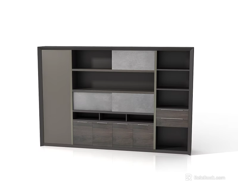 Modern Wardrobe With Combination Storage Open Shelves Drawers And Cabinets Dark Gray Finish 3d model 