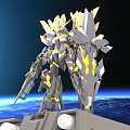 Black And Gold Mecha Model Standing With Weapon Against Earth And Space Background