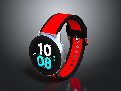 Smart Watch With Red Strap Black Dial Silver Case Digital Display Time Temperature 3d model