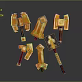 3D Rendered Pixel Style Weapons Collection With Orange Axes Swords And Hammers