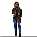 Woman in Black Leather Jacket Plaid Scarf Blue Skinny Jeans Black Boots on White Cube