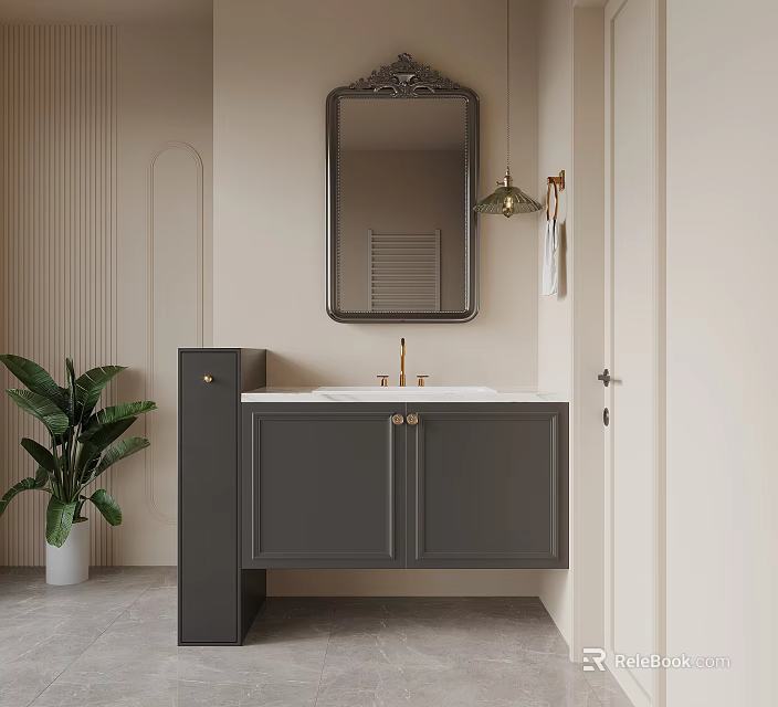 Modern Gray Bathroom Vanity With White Countertop Gold Faucet Decorative Mirror And Green Plant 3d model 