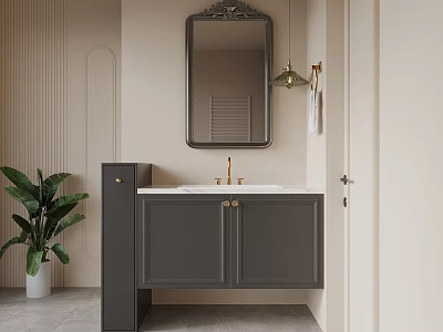 Modern Gray Bathroom Vanity With White Countertop Gold Faucet Decorative Mirror And Green Plant 3d model