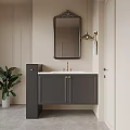 Modern Gray Bathroom Vanity With White Countertop Gold Faucet Decorative Mirror And Green Plant