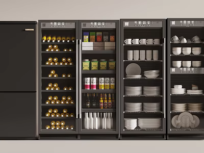 Black Built in Kitchen Appliances With Organized Food And Utensil Storage 3d model