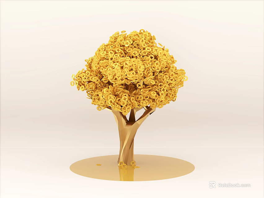 Golden Tree Sculpture Carved Intricately With Curled Details On Base 3d model 