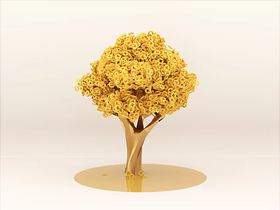 Golden Tree Sculpture Carved Intricately With Curled Details On Base 3d model