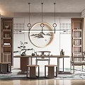 Traditional Chinese Tea Room Interior Featuring Circular Mountain Painting Wooden Furniture And Potted Plant