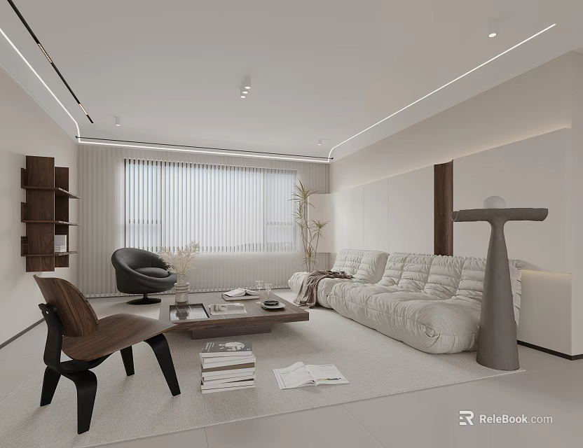Modern Living Room Interior With White Sofa Black Chair Coffee Table Books Plant And Sculpture 3d model 
