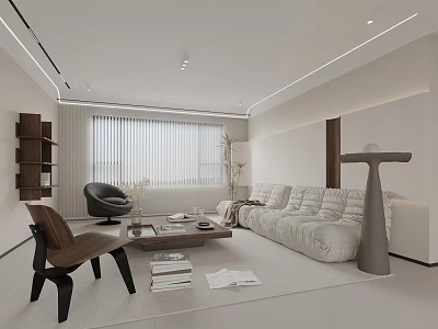 Modern Living Room Interior With White Sofa Black Chair Coffee Table Books Plant And Sculpture 3d model