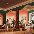 Decorative Beauty Salon Interior Design With Green Walls Red Accents Chandeliers And Plants