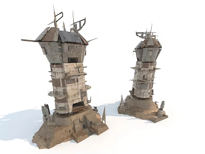 Two Rustic Stacked Tower Structures With Weathered Metal Parts And Sandy Stone Bases 3d model