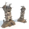 Two Rustic Stacked Tower Structures With Weathered Metal Parts And Sandy Stone Bases