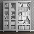 White Modern Bookcase With Glass Doors Books Photo Frames Vase And Decorative Baskets