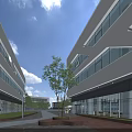 Modern Industrial Factory Building Featuring Glass Curtain Walls White Exterior And Courtyard Trees