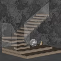 Modern Staircase With Wooden Steps Glass Railing And Decorative Elements Against Black Rock Wall