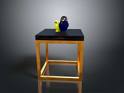 Modern Dining Table with Black Tabletop and Golden Frame Featuring Yellow and Blue Owl Figurines 3d model