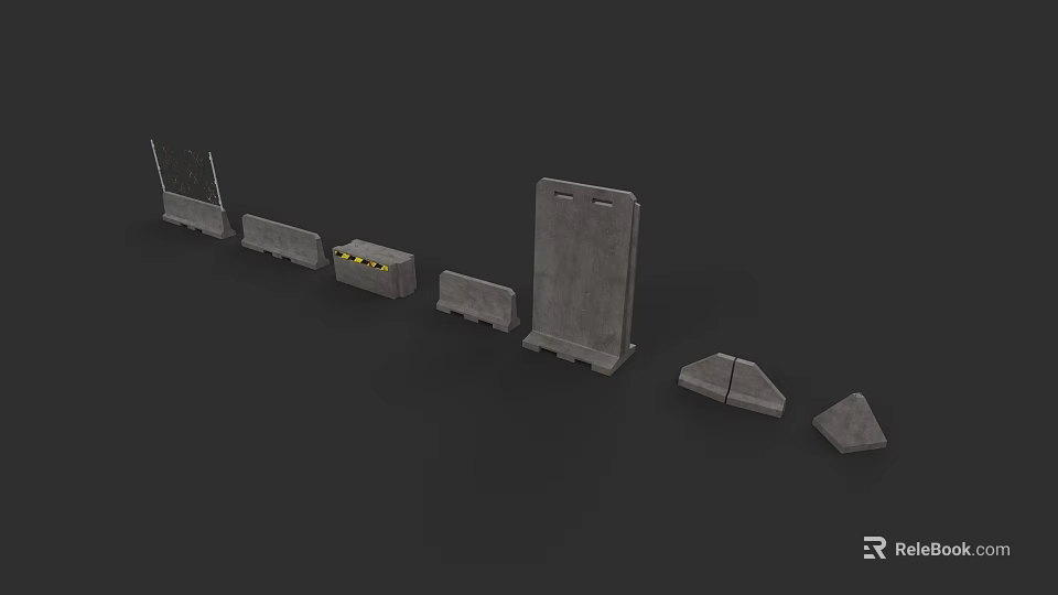Gray Defensive Weapons Components Including Shields Barriers And Boxes With Yellow Warning Signs 3d model
